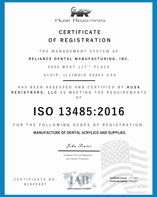 Certifications Reliance Dental Manufacturing